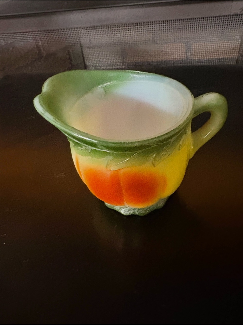Hand-Painted Ceramic Creamer in Green, Yellow & Orange